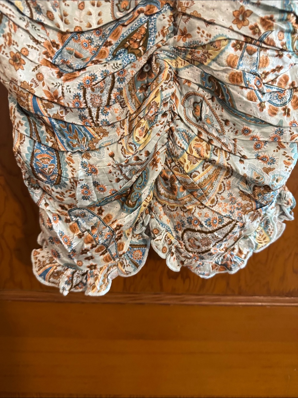 Sky To Moon Smocked Paisley Mini Dress in Cream Brown and Blue - Picture 6 of 7